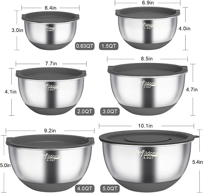 Wildone Mixing Bowls with Airtight Lids, Stainless Steel Mixing Bowls Set | Metal Bowls with 3 Grater Attachments & Non-Slip Bottoms, Size 5, 4, 3, 2,1.5, 0.63QT, Includes Utensil Set for Prep, Gray - Image 2