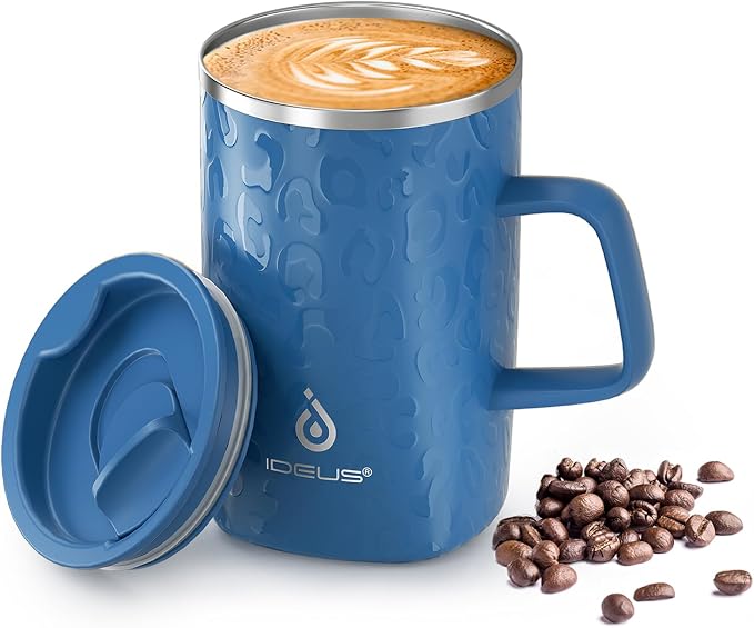 Ideus 16 oz Insulated Stainless Steel Coffee Mug with Lid, Leopard Blue | Perfect for home, office, or daily use| Easy to clean wide mouth| Sweat-proof| On the go by IDEUS