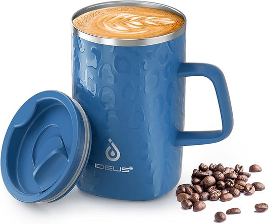 Ideus 16 oz Insulated Stainless Steel Coffee Mug with Lid, Leopard Blue | Perfect for home, office, or daily use| Easy to clean wide mouth| Sweat-proof| On the go by IDEUS