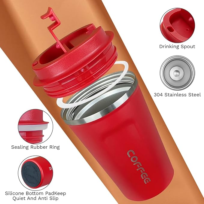 SPLMIFA Travel coffee mugs leak-proof, reusable coffee cup with lid, stainless steel vacuum insulated coffee tumblers, thermal insulation cups for men & women keep drinks hot & cold (2nd-Red, 17OZ) - Image 3
