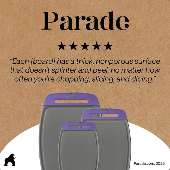 GORILLA GRIP BPA-Free Reversible Kitchen Cutting Board Set of 3, US Designed, Nonporous, Juice Grooves Catch Liquid, Slip Resistant Border, Dishwasher Safe, Durable Food Chopping Boards, Gray Purple - Image 9