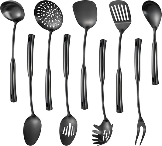 304 Stainless Steel Kitchen Cooking Utensils Set - 9 PCS Serving Utensils, Include Skimmer, Soup Ladle, Spaghetti Server, Wok Spatula, Slotted & Solid Spoon, Slotted Spatula Turner, Meat Fork (Black） by IzurokBuynow