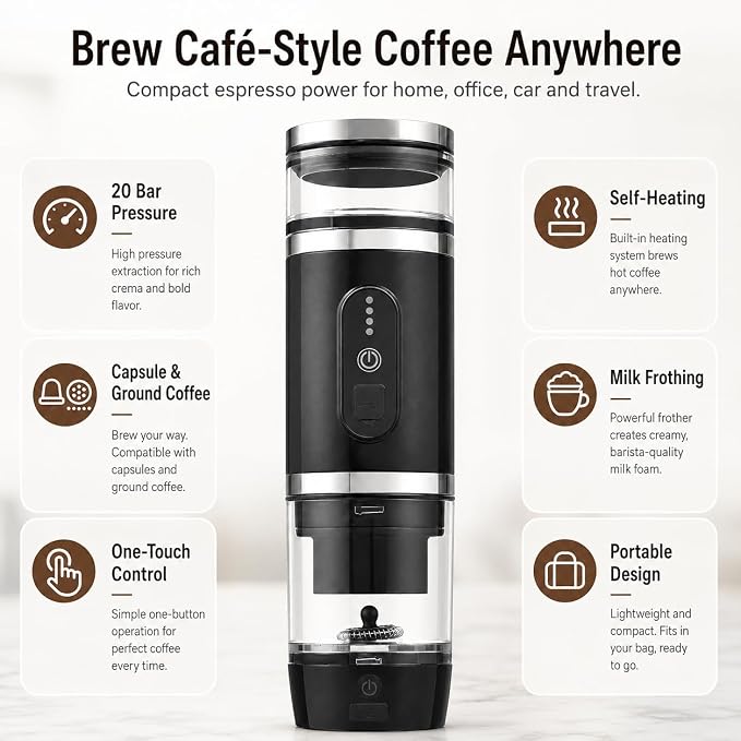 welsteepse Portable Coffee Maker for Ground Coffee & Capsules, Self-Heating Travel Coffee Machine with 20 Bar Pressure and Milk Frother for Car, Office, Hotel, Camping and Business Trips - Image 5