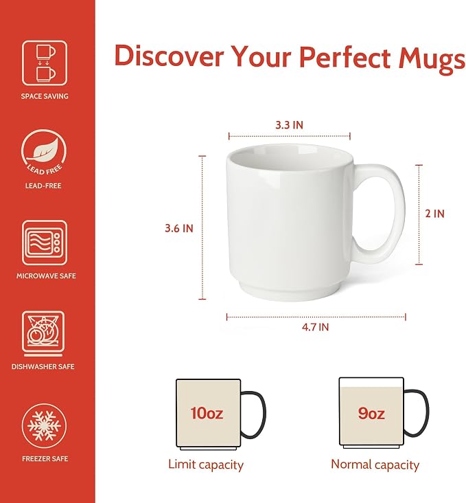 Sweese 10 Oz Stackable White Coffee Mug, Porcelain Coffee Mugs Sets of 6, Coffee Cups with Handle for Specialty Coffee Drinks, Cappuccino, Cafe Mocha, Latte and Tea, White - Image 2