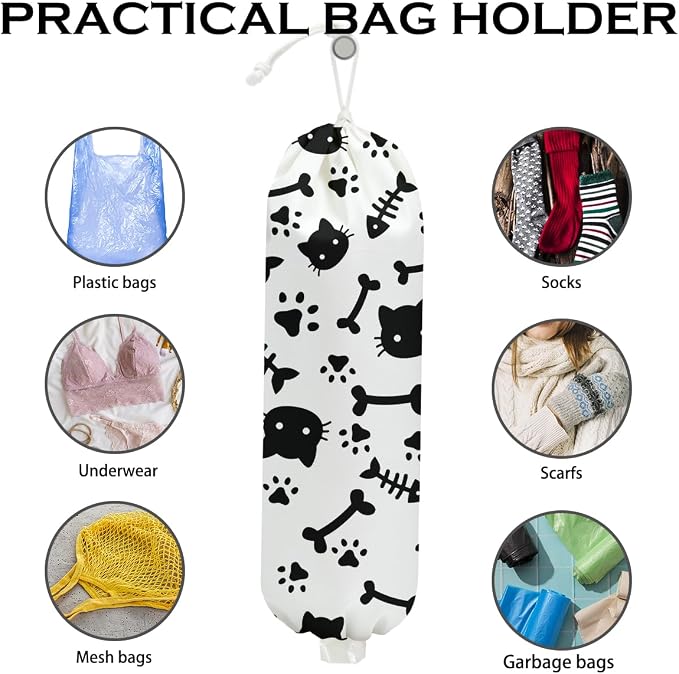 Cute Cat Plastic Bag Holder, Wall Mount Grocery Bag Holder for Plastic Bags, Fish Bone Reusable Grocery Bags Storage Dispenser for Home Kitchen Pantry, Cat Lover Gifts for Women Mom, 22.5x9 Inch - Image 3