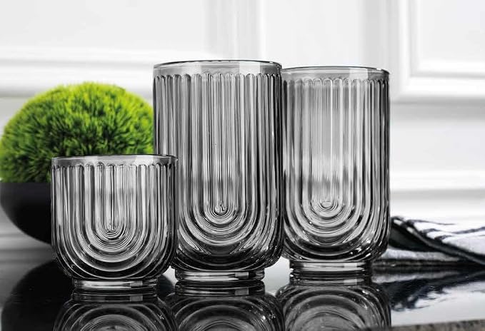 Glaver's 8 Piece Smoke Glassware Set, Art Deco Black Drinking Glasses, Ribbed U-Shape Design, 4 Highball 17oz and 4 Whiskey 11oz DOF Arch Drinkware - Image 2