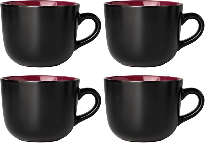 GBhome Jumbo Soup Mugs with Handles, 24 Oz Large Coffee Mugs Set of 4 | Ceramic Soup bowls for Soup Cereal Snacks Salad Noodles Cups, Microwave safe - Matte Black, Red Inside by GBhome