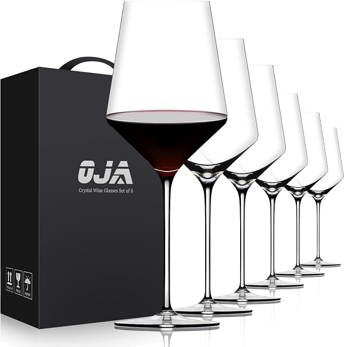 OJA Wine Glasses Set, Crystal Red Hand Blown Wine Glass, Set of 6, 17 oz | Long Stem, Thin Rim, Large, Tall, Premium, Perfect for Red or White, Daily Use, Unique Wedding Anniversary or Birthday Gift by oja