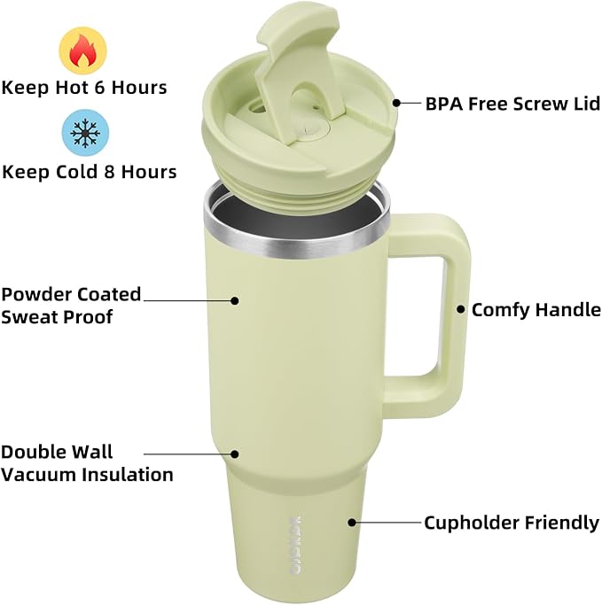 BJPKPK 40 oz Insulated Tumbler with Handle & Straw, Stainless Steel | Double Wall Vacuum Insulation, Leak Proof, BPA Free, Dishwasher Safe, Cupholder Friendly, Travel & Outdoor, Macaron Green - Image 2