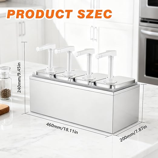 2.11 Quart Stainless Steel Sauce Pump Dispenser,Condiment Pump Station Detachable Leak-Proof Design for Sauce Honey Syrup Dressing,Commercial & Home Kitchen Use (4 Heads, 2L)