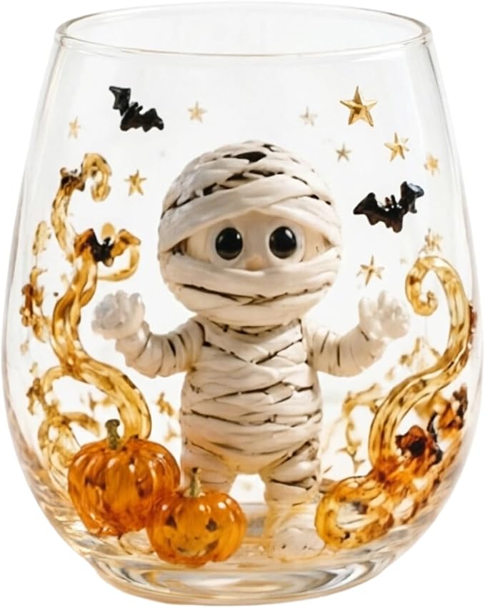 Halloween Themed 3D Inlay Glass Cup, Stemless Egg Shaped Clear Drinking Tumbler, Decorative Transparent Glassware for Home Bar, Farmhouse Halloween Party Table Decoration by Unknown