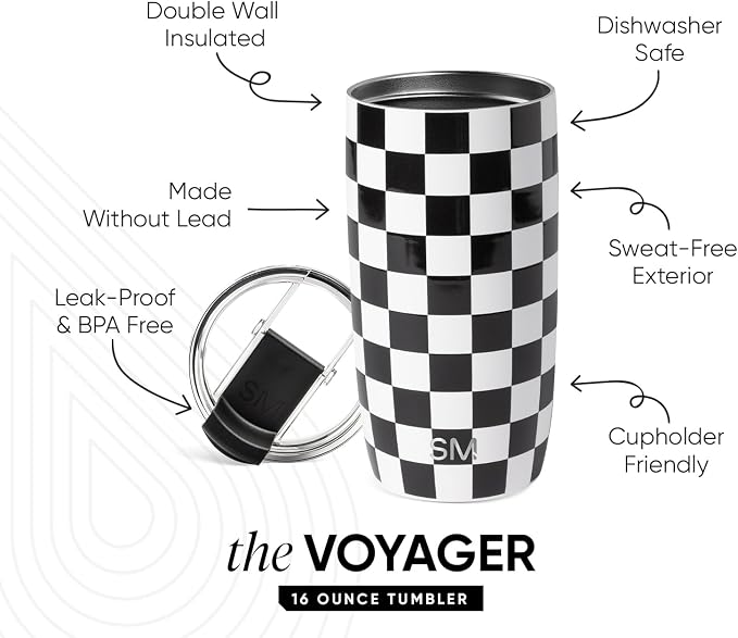 Simple Modern Travel Coffee Mug with Lid | 16oz | Checkered | Voyager Coffee Cup, Coffee Tumbler for Hot & Iced Drinks | Insulated Stainless Steel Travel Mug | Black and White Checkmate - Image 2