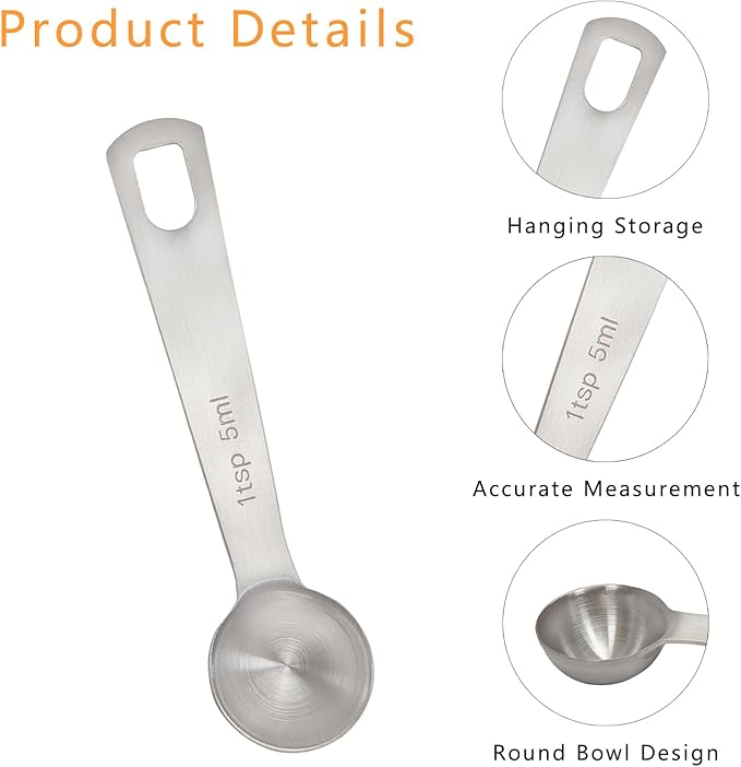 2 Pcs Measuring Spoons 5ml (1 Tsp) & 15ml (3 Tsp), 1 Teaspoon Stainless Steel Long Handle Scoops for Coffee, Spices, Dry Goods & Baking, Sliver