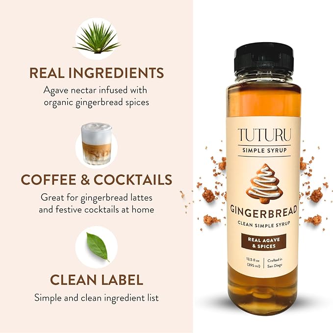 Gingerbread Simple Syrup for Coffee, Cocktails, Matcha - Sweetened with Agave Nectar - Infused with Real Gingerbread Spices - 13.5 oz
