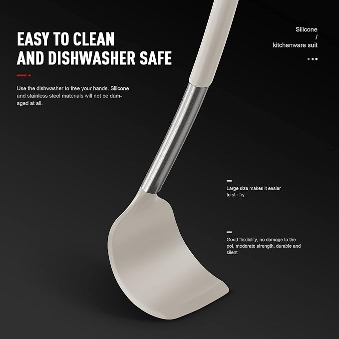 oannao Large Silicone Cooking Utensils Set - Heat Resistant Kitchen Utensils,Turner Tongs,Spatula,Spoon,Brush,Whisk,Stainless Steel Cooking Tool for Nonstick Cookware,Dishwasher Safe (Khaki) - Image 6