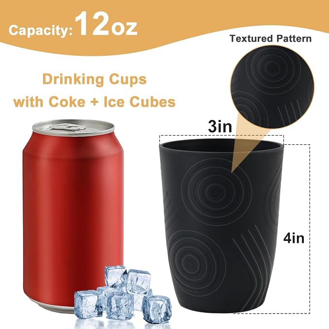 Wheat Straw Cups Sets of 6, Plastic Cups Reusable, Drinking Cup for Kitchen, Small Kids Cup, Unbreakable Water Cup, Dishwasher Safe Plastic Glasses for Kitchen, Camping, School (Black) - Image 2