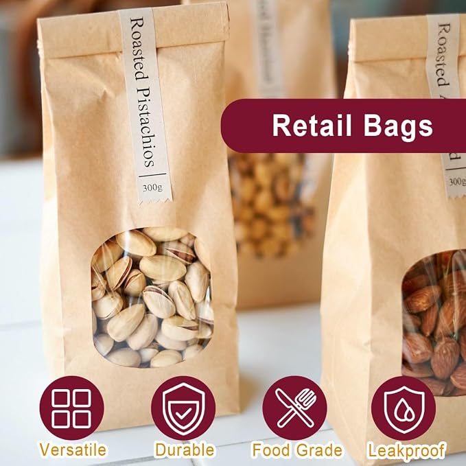 Brown Paper Bakery Bags with Window for Cookies, 4.5x2.36x9.6 inches, 40 Pack with Tin Tie Tab Lock, Brown Paper Bags for Cookie Coffee Bread Bakery Packing - Image 4