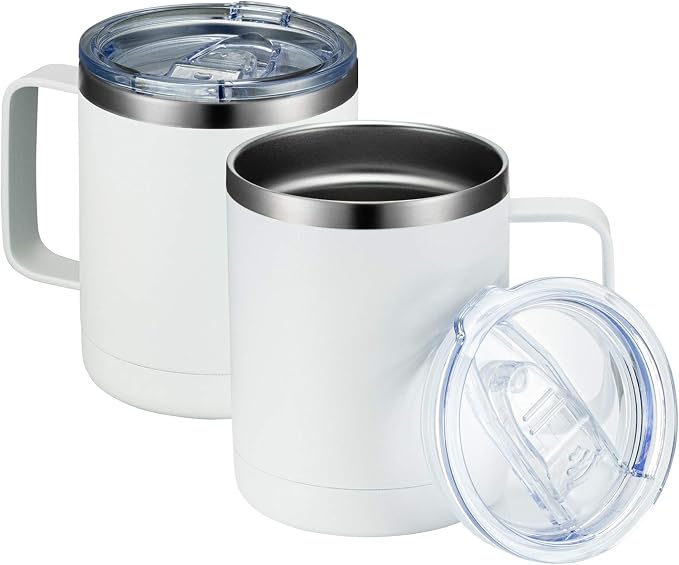 MEWAY 12oz Coffee Mug With Handle 2 Pack Bulk,Stainless Steel Insulated Travel Tumblers With Sliding Lid,Double Wall Vacuum Camping Cup for Hot & Cold Drinks Tea (White,Set of 2) by MEWAY