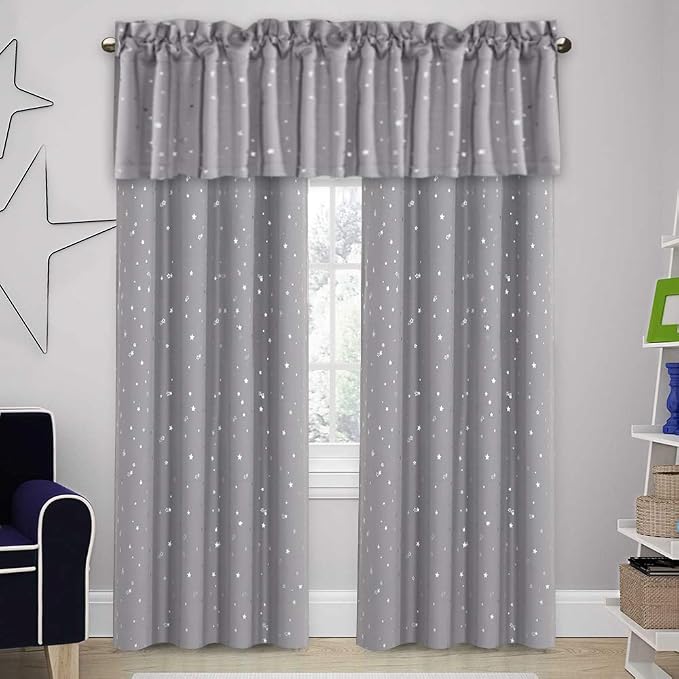 H.VERSAILTEX Blackout Curtain Valances for Kitchen Window/Living Room/Bathroom Privacy Added Rod Pocket Home Decoration Winow Valance, 52" W x 18" L, Glitter Stars in Gray Base (Pack of 4) - Image 7