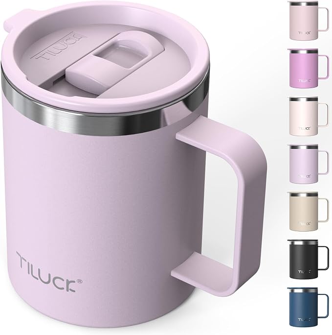 TILUCK 12 oz Insulated Coffee Mug with Lid and Handle | BPA-Free Lid, Double-Wall Vacuum Insulation, Stainless Steel Coffee Cup,Dishwasher Safe Mug for Hot & Cold Drinks,LightPurple by TILUCKBringsGoodLuck