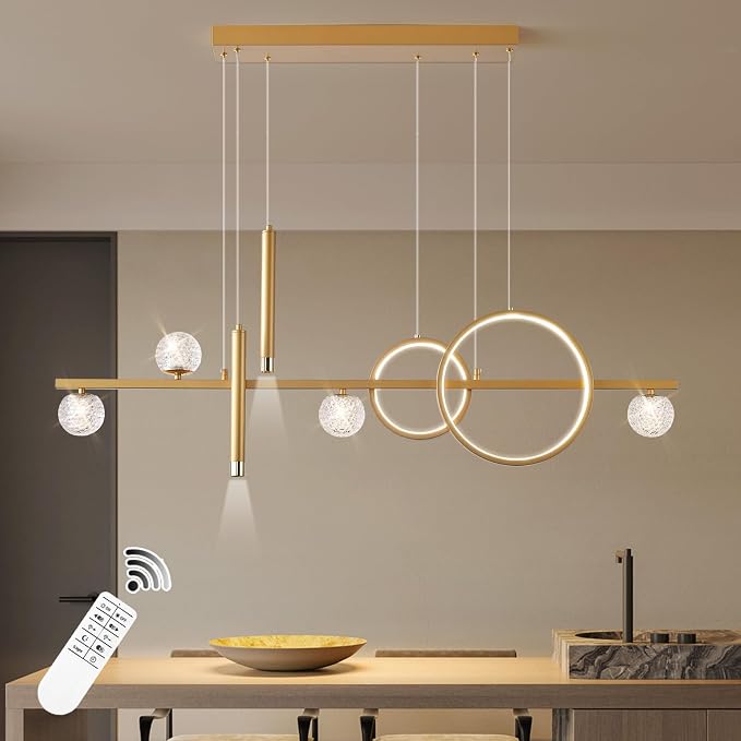 ORANOOR LED Gold Chandeliers, 47in Dimmable Modern Chandelier Pendant Light | Linear Ring Globe Pendant Lights Fixtures Gold Dining Room Light Fixture Ceiling Hanging for Kitchen Island Dining Room - Image 2