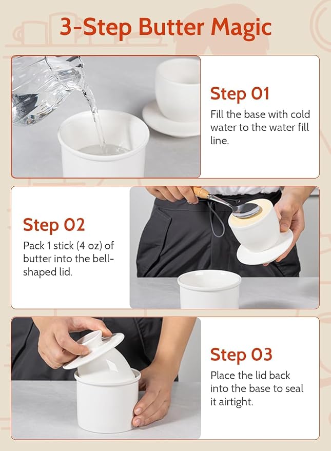 Sweese French Butter Dish - Butter Crock for Counter with Water Line for Fresh Spreadable Butter - French Butter Keeper with Lid - Housewarming Gift For The One Who Has It All - White | French butter crock, countertop storage, water line design, keeps ... - Image 6
