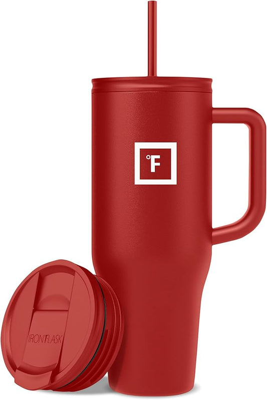 IRON °FLASK 40 oz Co-Pilot Insulated Travel Mug | Insulated Travel Mug with Straw & Flip Cap Lids - Cup Holder Fit, Leakproof, BPA Free (Fire Red) by IronFlask