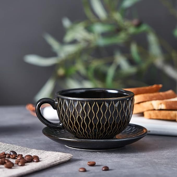 Coffeezone Vintage Design 12 oz Ceramic Latte Art Cappuccino Barista Cup with Saucer (Embossed Black) - Image 3