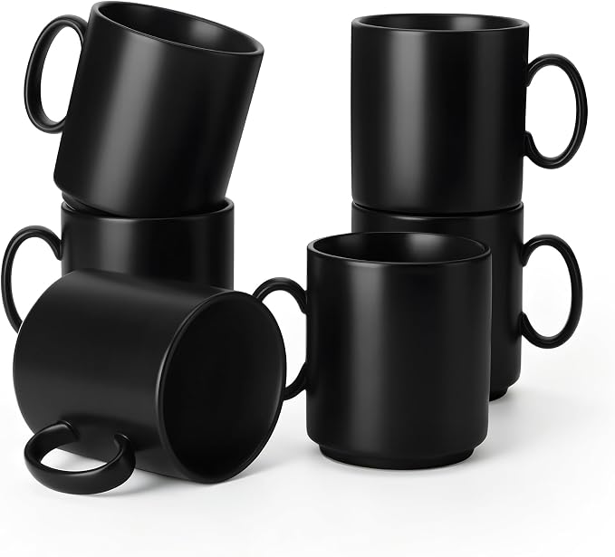 vancasso Porcelain Coffee Mugs Set of 6, 12 Oz Black Coffee Cups for Latte, Cappuccino, Tea & Hot Cocoa, Sleek Modern Café Style for Home, Office & Coffee Bar, Microwave & Dishwasher Safe by vancasso