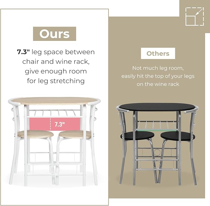 VINGLI 3 Piece Dining Set,Small Kitchen Table Set for 2,Breakfast Table Set,Kitchen Wooden Table and 2 Chairs for Small Space/Dining Room/Apartment,Metal Frame,Wine Rack,White&Light Oak - Image 3