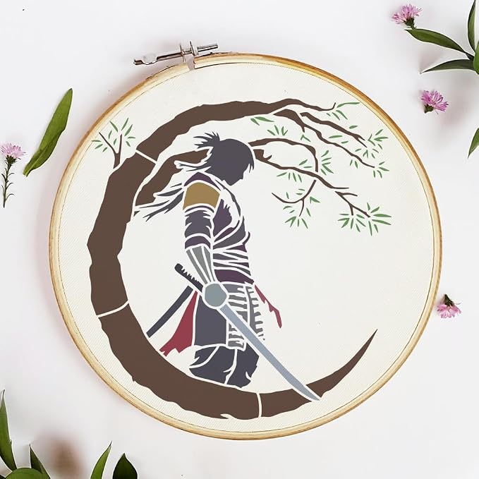 FINGERINSPIRE Samurai of The East Painting Stencil with Brush 11.8x11.8inch Plastic PET Katana Tree Pattern Drawing Template Decorative Hollowed Oriental Theme Stencil for Painting on Wood Canvas - Image 4