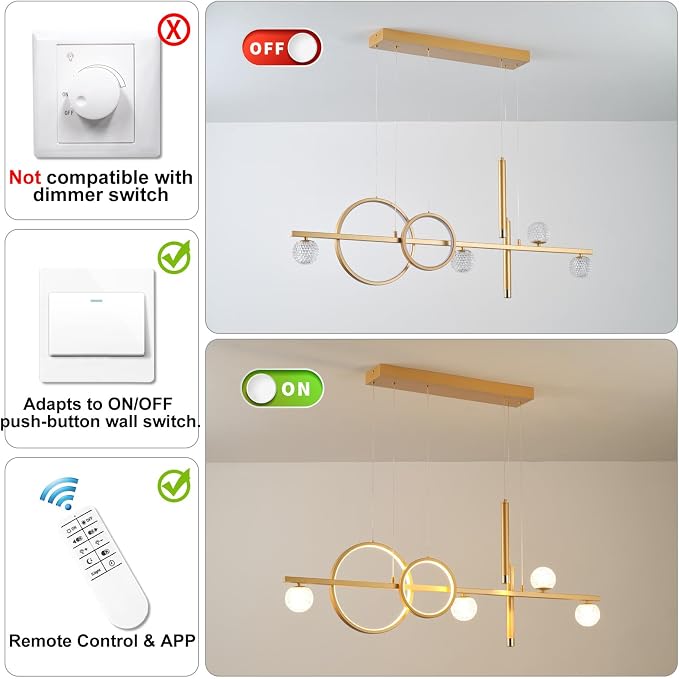 ORANOOR LED Gold Chandeliers, 47in Dimmable Modern Chandelier Pendant Light | Linear Ring Globe Pendant Lights Fixtures Gold Dining Room Light Fixture Ceiling Hanging for Kitchen Island Dining Room - Image 6