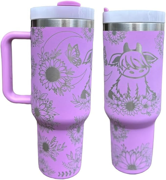 Tumbler, 40oz Tumbler, Western Tumbler, Engraved Cup with Handle, Cute Coffee Mug, 40oz Coffee Mug (Purple- Baby cow/sunflower)