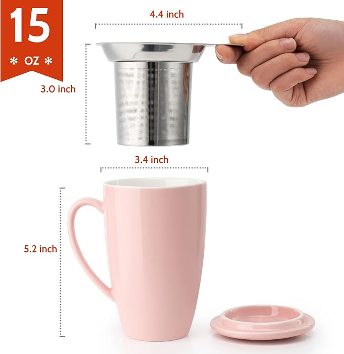 Sweese 15 OZ Porcelain Tea Mug with Infuser and Lid, Loose Leaf Tea Cup, Gifts for Tea Lover, Pink - Image 2