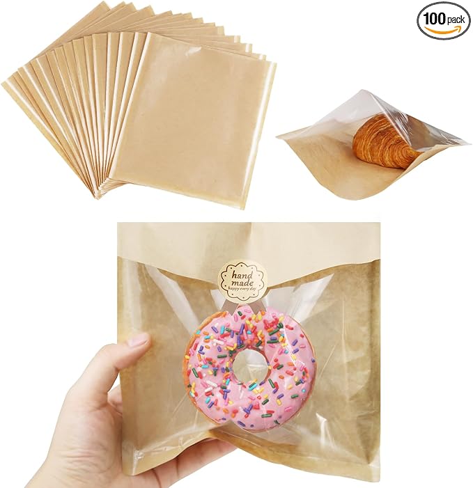 Bakery Bags Visible Dessert Bags with Window, Greaseproof Heat Seal Kraft Paper, Suitable Baked Goods Packaging for Donuts, Bakery Snacks, Sandwiches, Sandies, Cookies (S-100PCS, Brown) by RFSLDUN