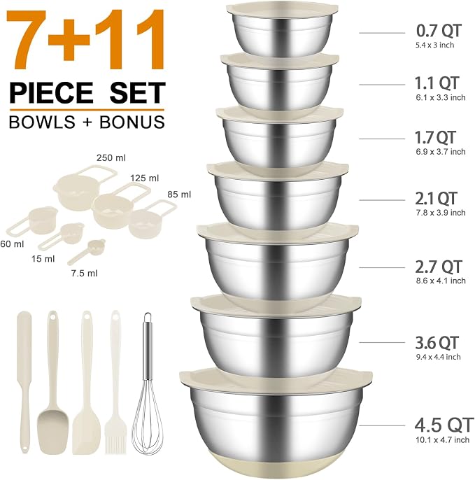 Mixing Bowls with Airtight Lids, 18pcs Stainless Steel Mixing Bowls Set | Nesting Non-slip Silicone Bowls Bottom, Size 4.5, 3.6, 2.7, 2.1, 1.7, 1.1, 0.7 qt, Fit for Mixing & Serving(Khaki) - Image 3