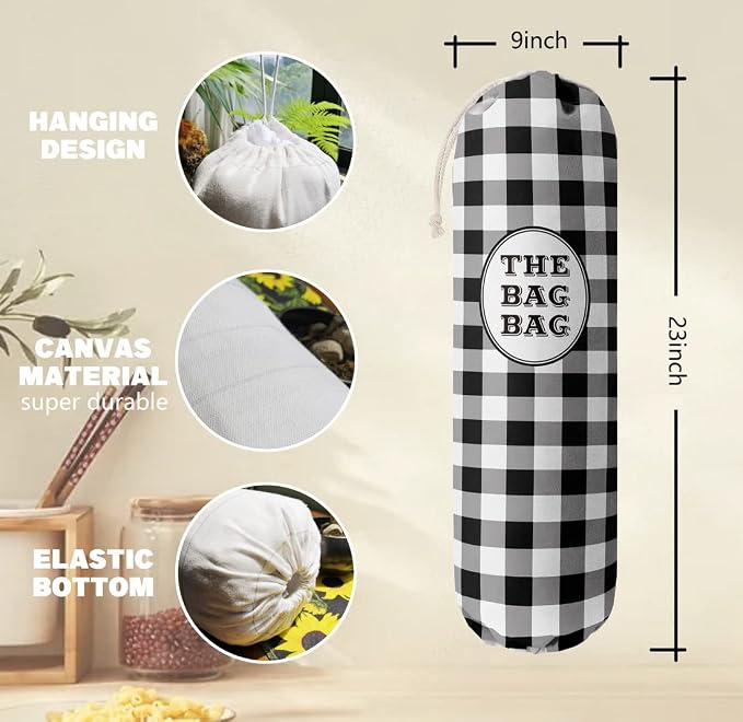 THE BAG BAG Plastic Bag Holder, Black and White Buffalo Check Plaid Grocery Bag Dispenser, Hanging Trash Bag Storage Organizer for Kitchen, Laundry Room, Pantry, Farmhouse Decor, Gifts For Grandma Mom - Image 6