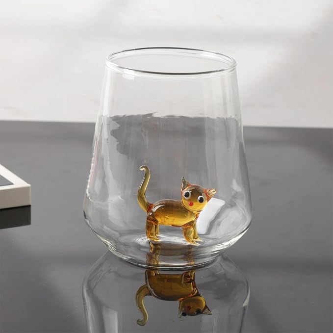 Cat Figurine Glass Cup 3D Animal Artisan Glassware Collection Handmade Cute Wine Cup Meow Garden Crystal Cat Tumbler Gothic Decorations Stemless Wineglass - Image 4