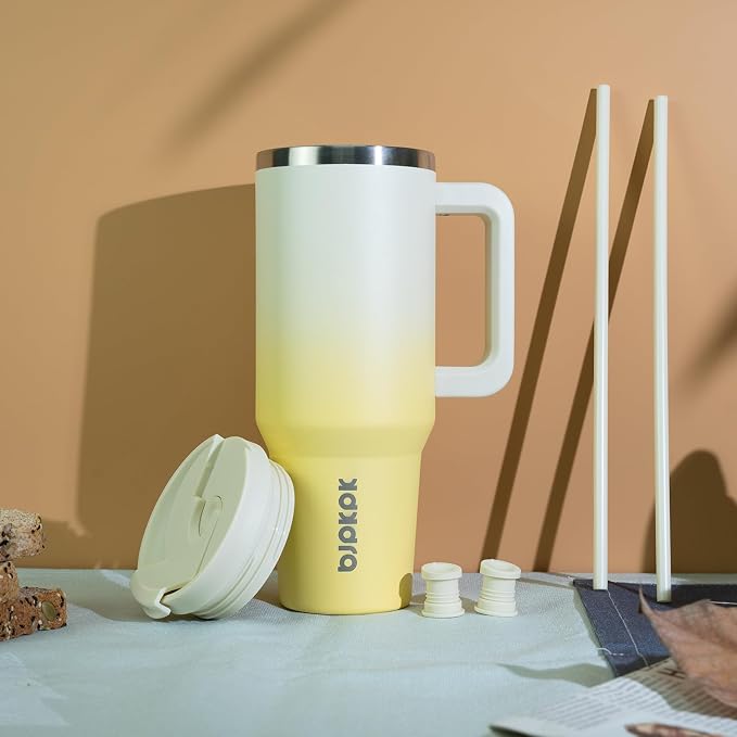BJPKPK 30 oz Insulated Tumbler with Handle & Straw, Stainless Steel | Double Wall Vacuum Insulation, Leak Proof, BPA Free, Dishwasher Safe, Cupholder Friendly, Travel & Outdoor, Lemon - Image 5