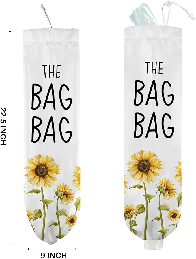 Sunflower Plastic Bag Holder, Wall Mount Grocery Bag Holder for Plastic Bags | Pull Rope Free Adjustment, Sunflower Reusable Shopping Bags Storage Dispenser for Home Kitchen Pantry, 22.5x9 Inch - Image 2