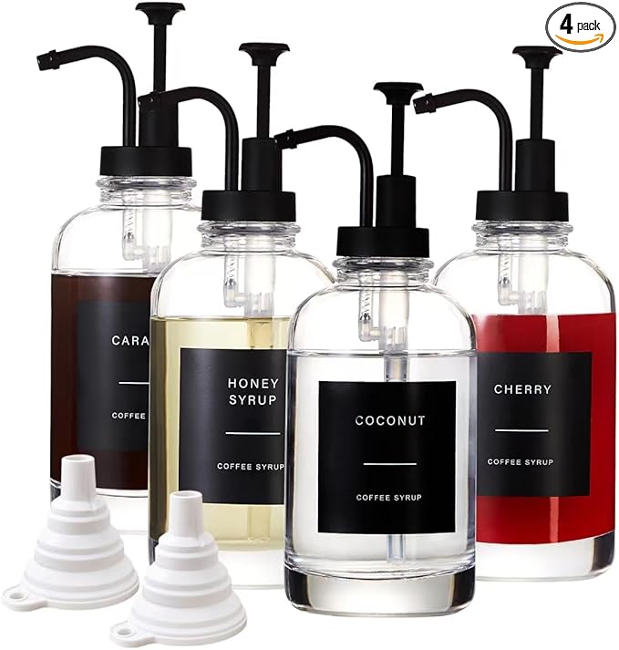 Coffee Syrup Dispensers for Coffee Bar(Set of 4),Coffee Syrup Pump Dispenser for Coffee Bar Accessories,16.9 oz Glass Syrup Dispenser with 36 Labels,Coffee Syrup Bottles with Matte Black Pump