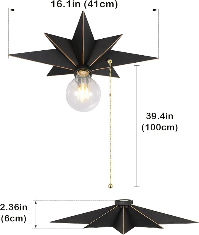 16 inch Flush Mount Ceiling Light with Pull Chain On/Off Switch, Industrial Black Star Ceiling Light Fixtures, Farmhouse Lighting for Hallway, Entryway, Porch, Study, Bedroom, Stair, Kitchen, Bathroom - Image 4