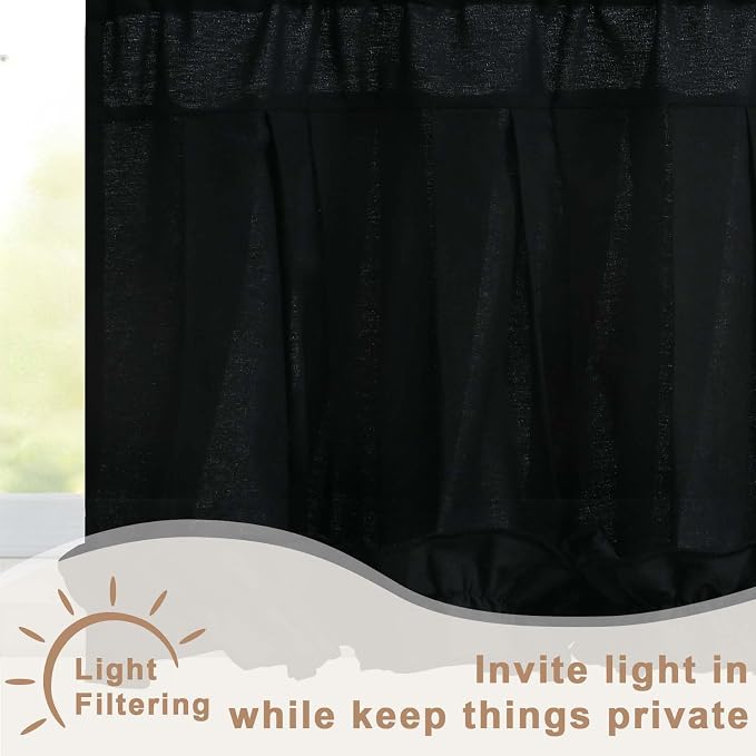 Likiyol Linen Swag Valances for Windows Farmhouse Ruffle Valance Rustic Country Window Valances Light Filtering Kitchen Curtains Rod Pocket Valance Curtains for Bathroom Cafe, Black, 60" W x 36" L - Image 4