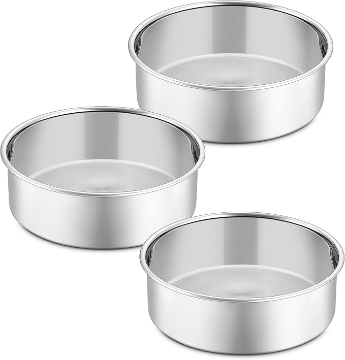 P&P CHEF 5 Inch Round Cake Pan Set of 3, Stainless Steel Baking Cake Pans | Round Baking Cake Pan Bakeware for Layer Birthday Cake, Fit Oven/Pots/Pressure Cooker, Leakproof & Dishwasher Safe, Silver by PPCHEF