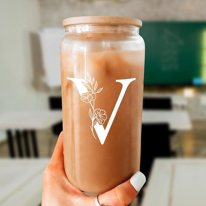 SANDJEST Monogrammed Gifts for Women - Monogram V Initial Glass Cup 16 Oz Can Coffee Cups with Lid and Straw - Monogram Initials Gifts for Womens on Birthday