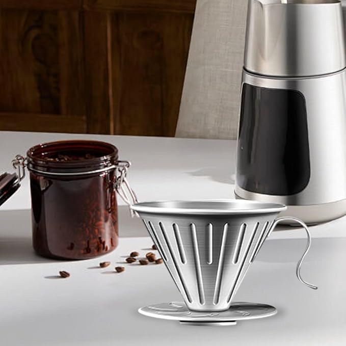 304 Stainless Steel Coffee Dripper with Holder, Reusable Pour Over Filter Cone for Mugs and Jugs, Food Grade Coffee Strainer Cup with Ergonomic Handle, Silver