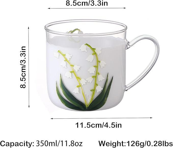 12oz/350ml Hand Painted Glass Cups With Handle,Clear Glass Coffee Cups,Coffee Glasses For Hot Beverages,Clear Mugs (Lily of the Valley)