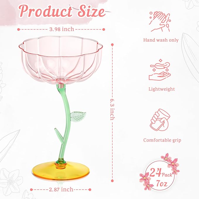 24 Pcs Pink Plastic Ribbed Coupe Glasses Detachable 7oz Flower Cocktail Glasses Modern Wavy Plastic Cocktail Coupes Disposable Martini Glasses Mimosa Glassware Champagne Goblets (24, PInk) - Image 2
