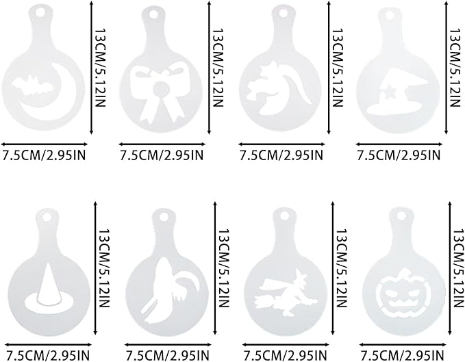 Coffee Stencils - Latte Art Printer, 8 Piece Halloween Design Kit, Reusable Decoration Template, Creative Baking Mold | Tool for Bread, Cake, Cappuccino, Dessert Art, Restaurant or Home