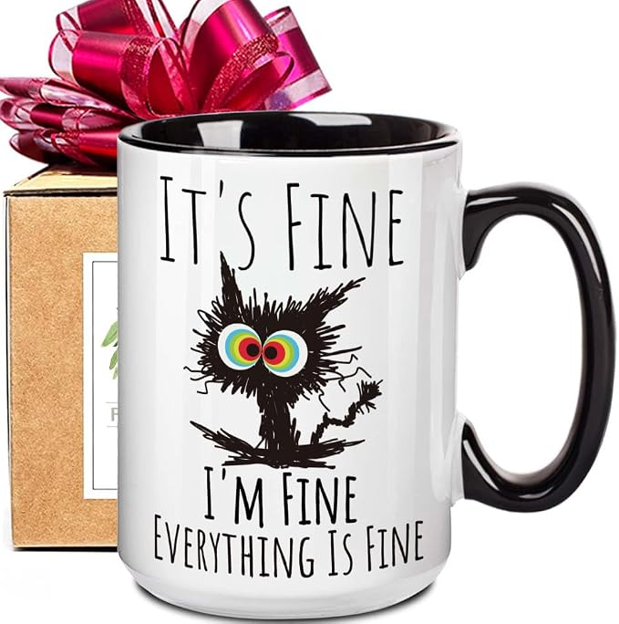 FALJIOK I'm Fine Everything is Fine Coffee Mug 15oz Funny Sarcastic Cat Mug Gifts for Cats Lover Novelty Mug Gifts for Cat Lover Women Mothers Day, Funny Cats Mug Gift for Coworker Manager Friend by FALJIOK